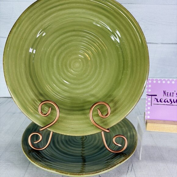 Tabletops RUSTICO OLIVE Green Hand Painted Swirl Stoneware Dinner Plates Set 2 - Picture 1 of 15